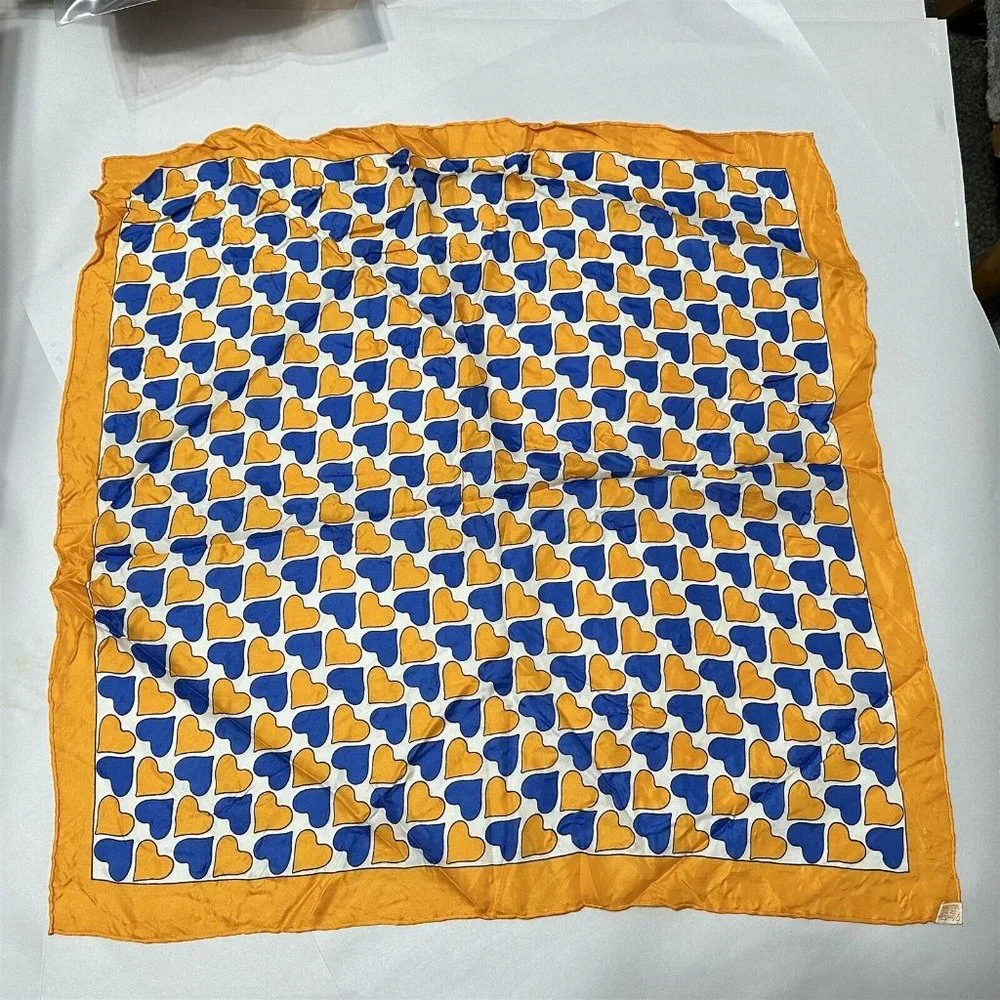 Vintage Glentex Scarf Heart Geometric Pattern Blue Orange Silk Blend Japan 22